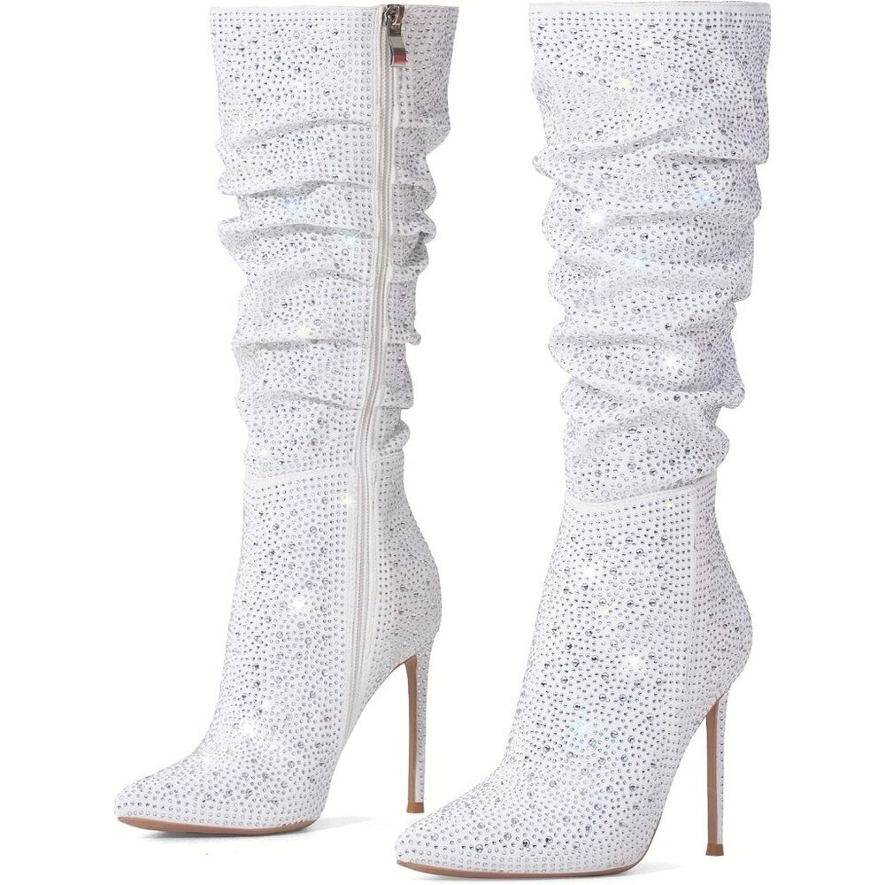 Women's Sliver Suede Knee High Side Zipper Pointed Toe Stylish Dress Boot